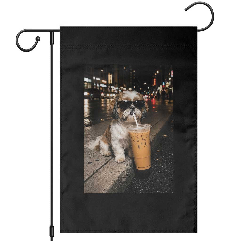 Funny Shih Tzu Drinking Iced Coffee Garden Flag Vintage Dog Lover