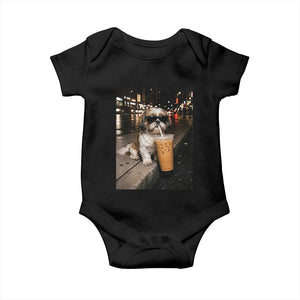 Funny Shih Tzu Drinking Iced Coffee Baby Onesie Vintage Dog Lover