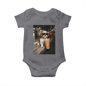 Funny Shih Tzu Drinking Iced Coffee Baby Onesie Vintage Dog Lover