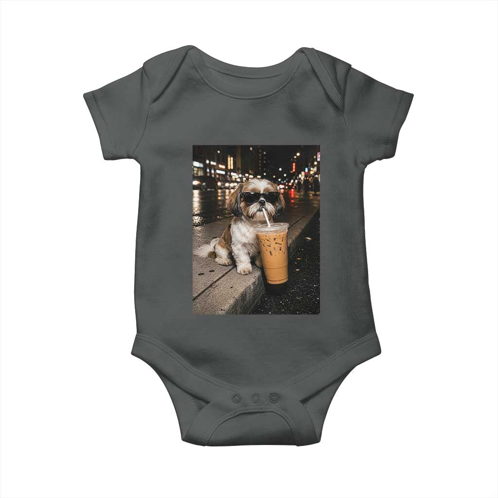 Funny Shih Tzu Drinking Iced Coffee Baby Onesie Vintage Dog Lover