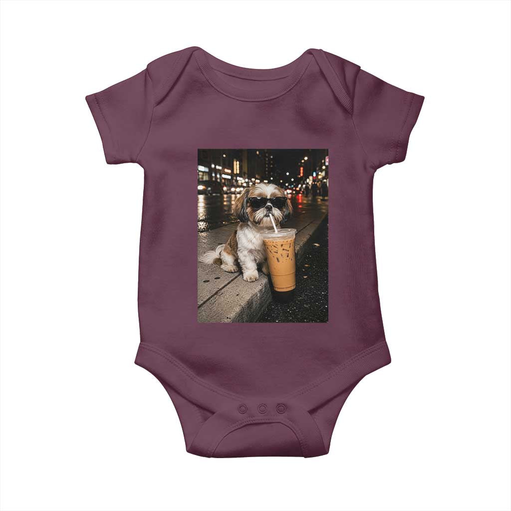 Funny Shih Tzu Drinking Iced Coffee Baby Onesie Vintage Dog Lover