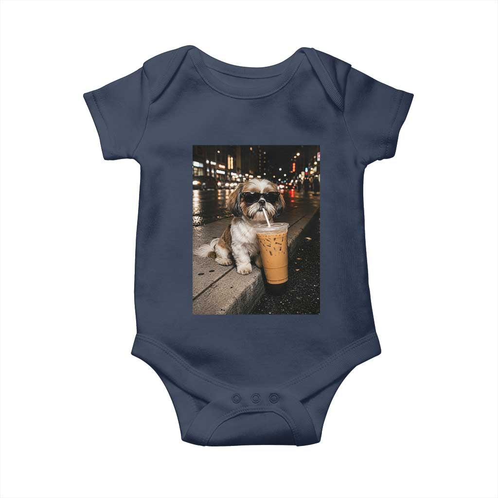 Funny Shih Tzu Drinking Iced Coffee Baby Onesie Vintage Dog Lover