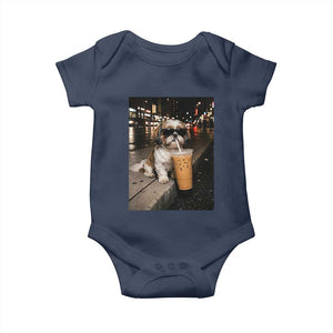 Funny Shih Tzu Drinking Iced Coffee Baby Onesie Vintage Dog Lover