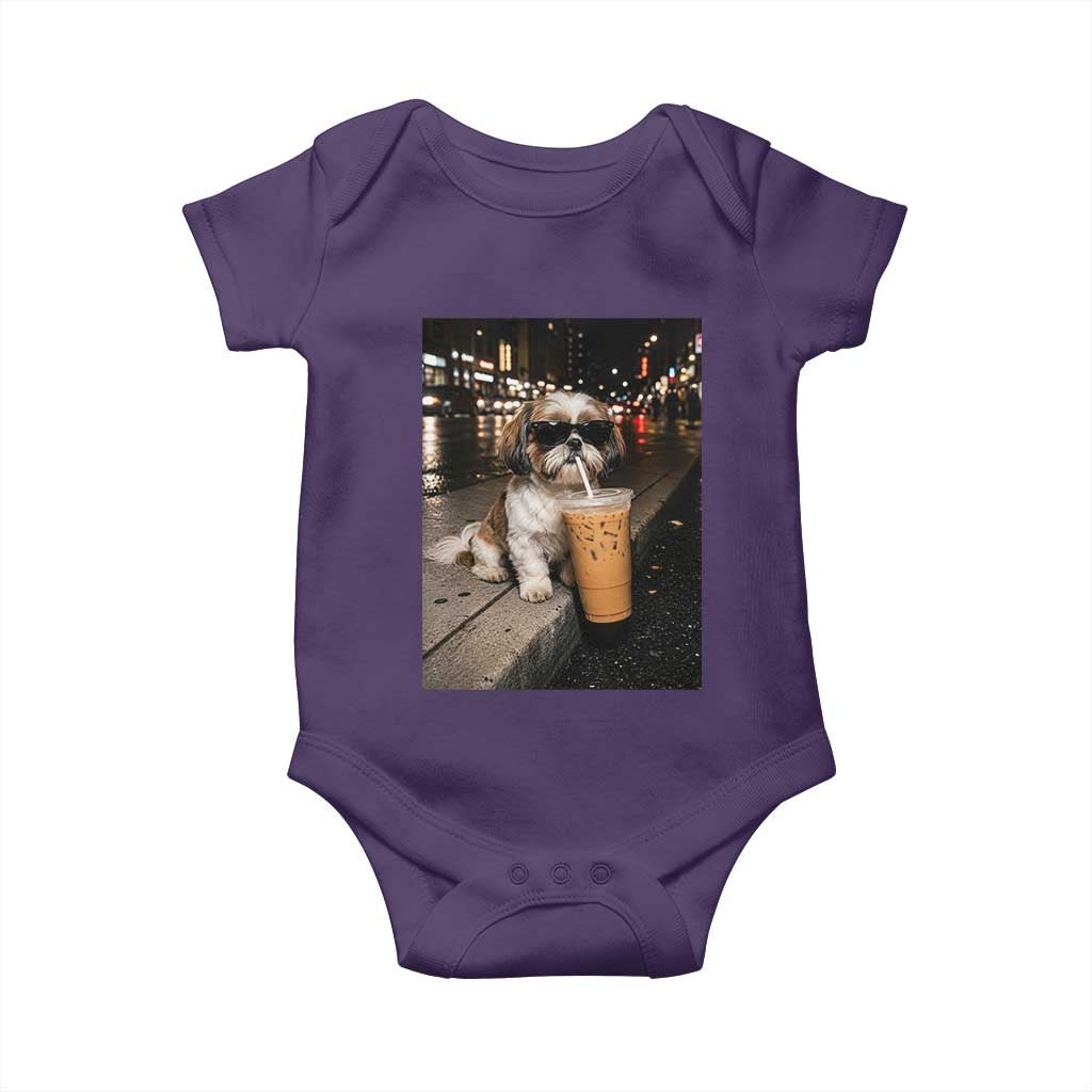 Funny Shih Tzu Drinking Iced Coffee Baby Onesie Vintage Dog Lover