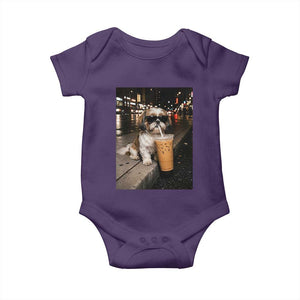 Funny Shih Tzu Drinking Iced Coffee Baby Onesie Vintage Dog Lover