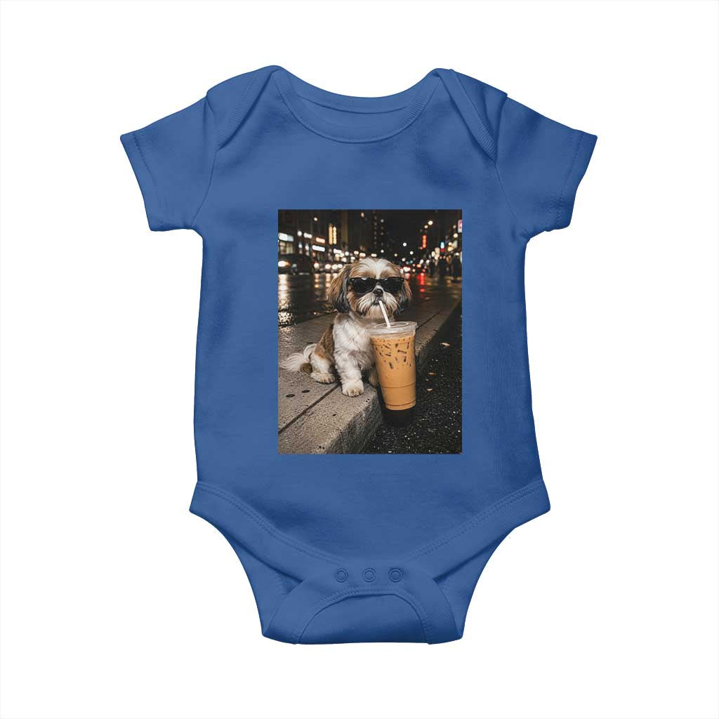 Funny Shih Tzu Drinking Iced Coffee Baby Onesie Vintage Dog Lover