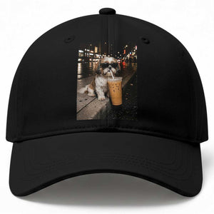 Funny Shih Tzu Drinking Iced Coffee Baseball Cap Vintage Dog Lover