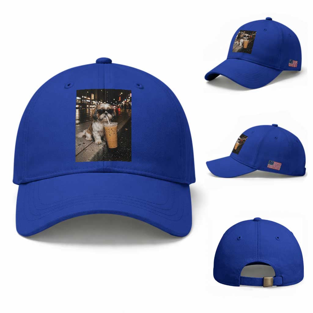 Funny Shih Tzu Drinking Iced Coffee Baseball Cap Vintage Dog Lover
