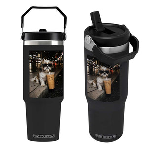 Funny Shih Tzu Drinking Iced Coffee Flip Straw Tumbler Vintage Dog Lover
