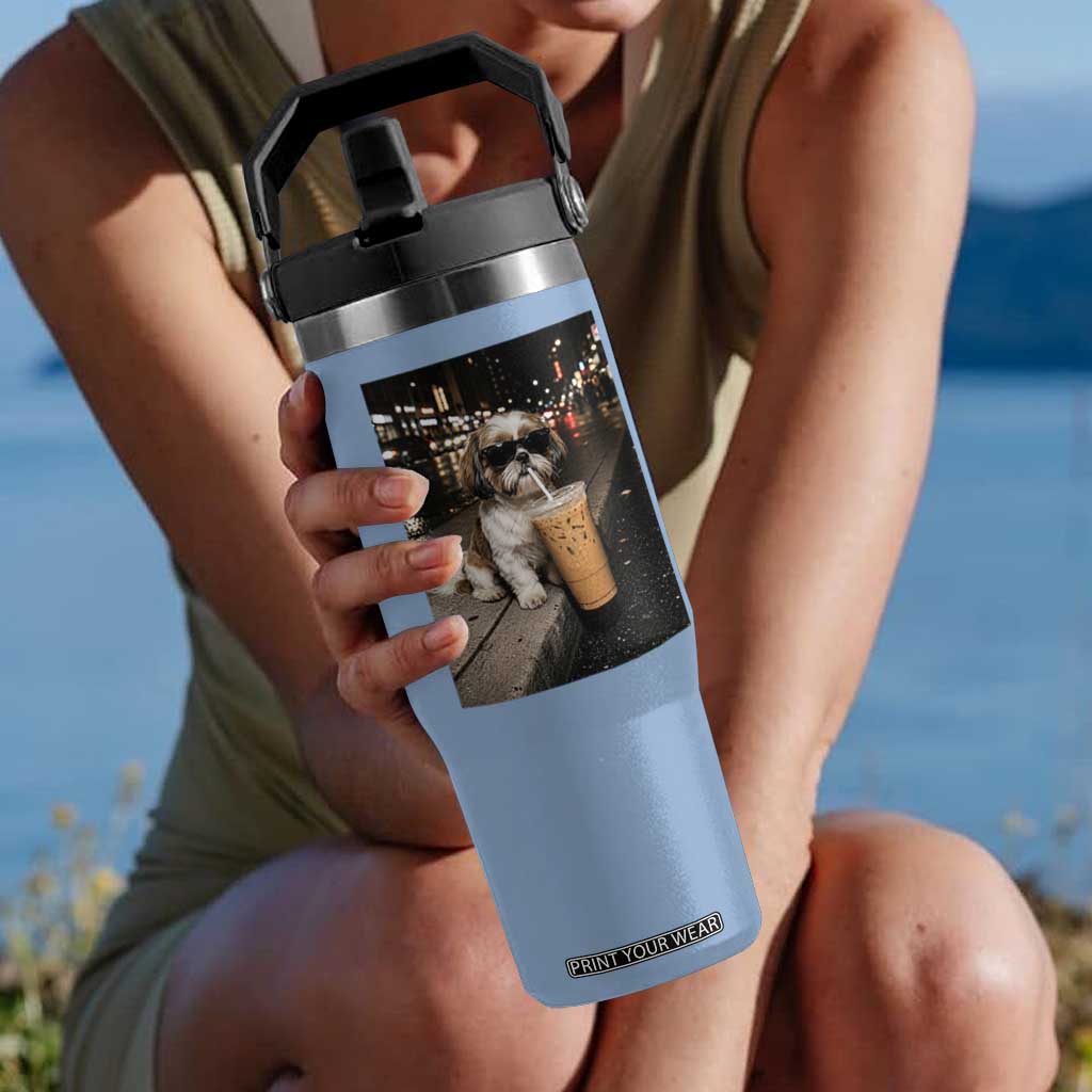 Funny Shih Tzu Drinking Iced Coffee Flip Straw Tumbler Vintage Dog Lover