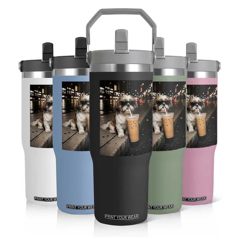 Funny Shih Tzu Drinking Iced Coffee Flip Straw Tumbler Vintage Dog Lover