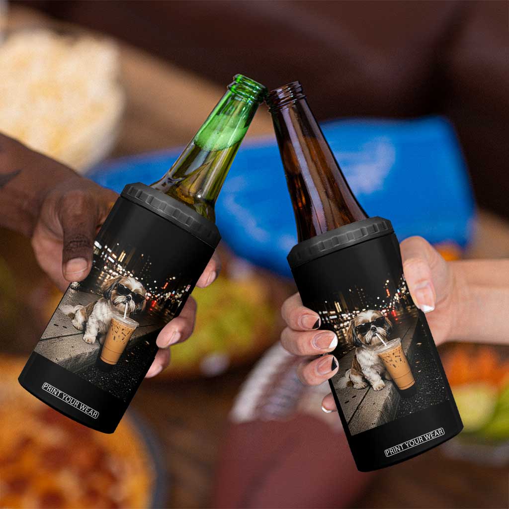 Funny Shih Tzu Drinking Iced Coffee 4 in 1 Can Cooler Tumbler Vintage Dog Lover