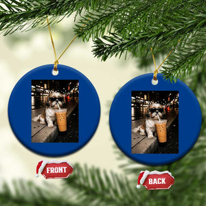 Funny Shih Tzu Drinking Iced Coffee Ceramic Ornament Vintage Dog Lover
