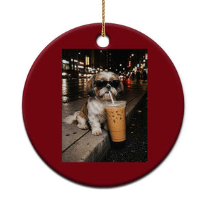 Funny Shih Tzu Drinking Iced Coffee Ceramic Ornament Vintage Dog Lover