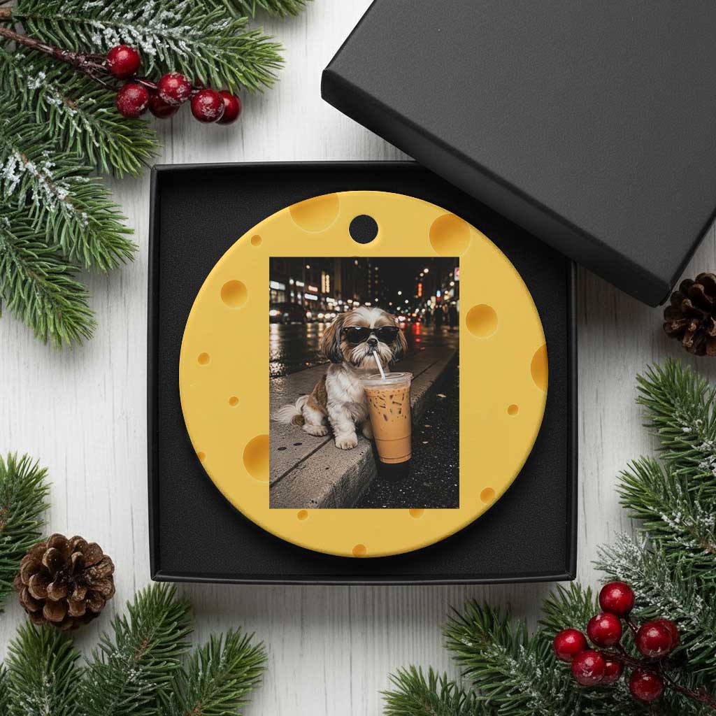 Funny Shih Tzu Drinking Iced Coffee Ceramic Ornament Vintage Dog Lover