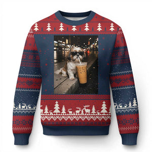 Funny Shih Tzu Drinking Iced Coffee Ugly Christmas Sweater Vintage Dog Lover