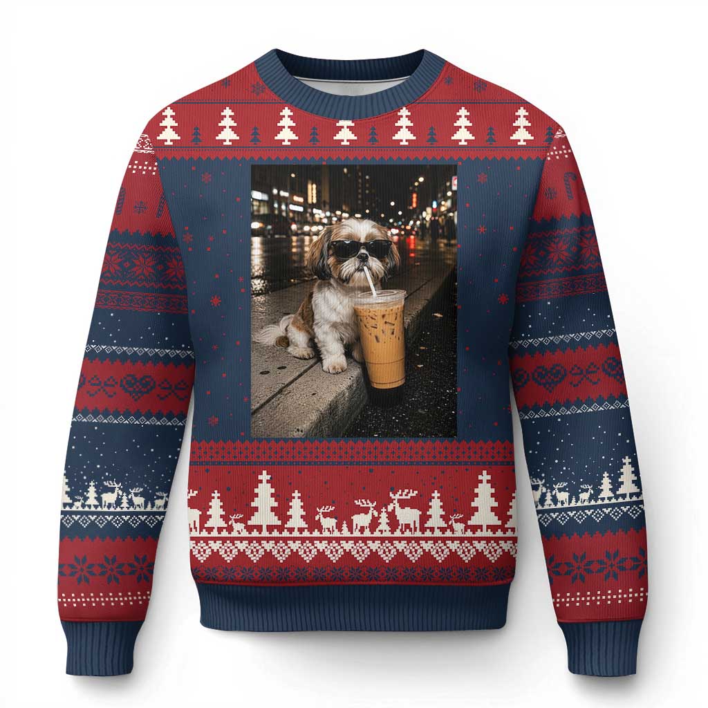 Funny Shih Tzu Drinking Iced Coffee Ugly Christmas Sweater Vintage Dog Lover TS10 Navy Red Print Your Wear