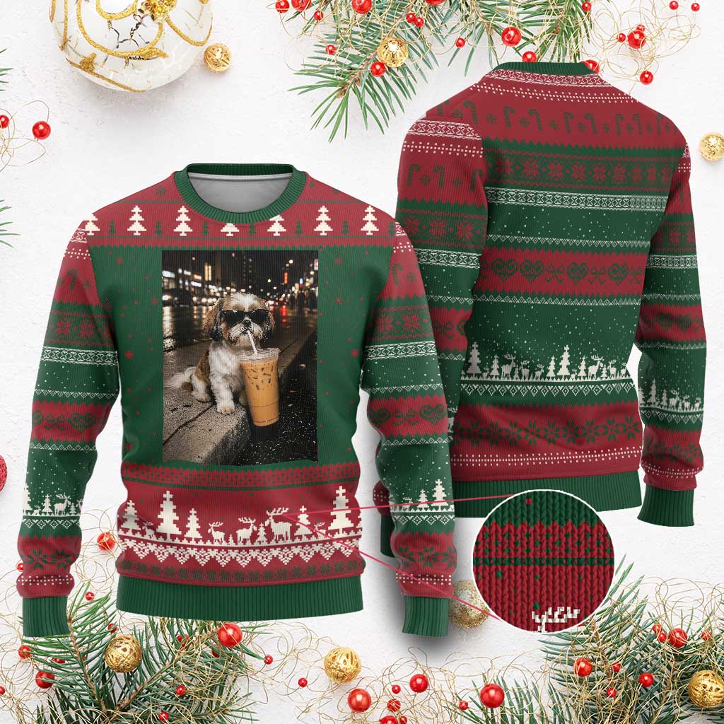 Funny Shih Tzu Drinking Iced Coffee Ugly Christmas Sweater Vintage Dog Lover