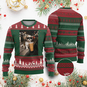 Funny Shih Tzu Drinking Iced Coffee Ugly Christmas Sweater Vintage Dog Lover