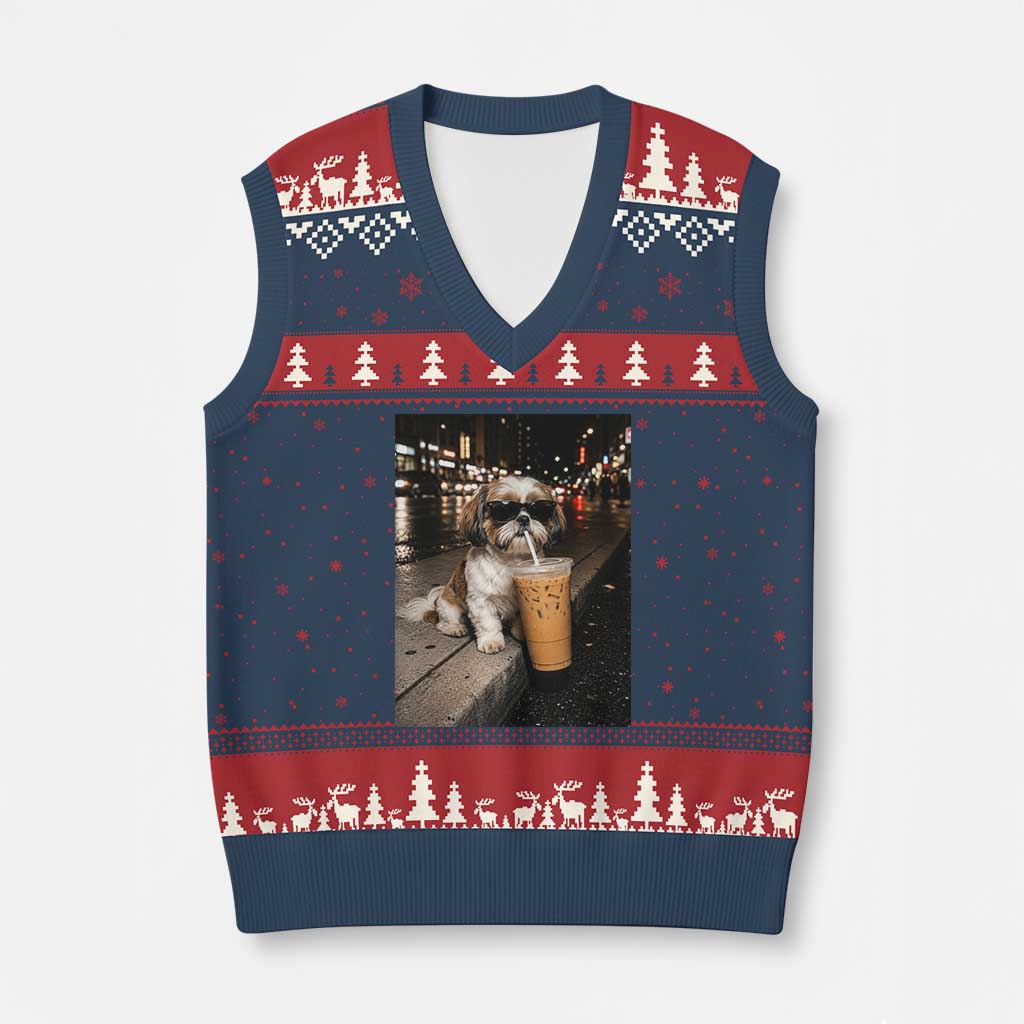 Funny Shih Tzu Drinking Iced Coffee V-Neck Knit Sweater Vest Vintage Dog Lover TS10 Navy Red Print Your Wear