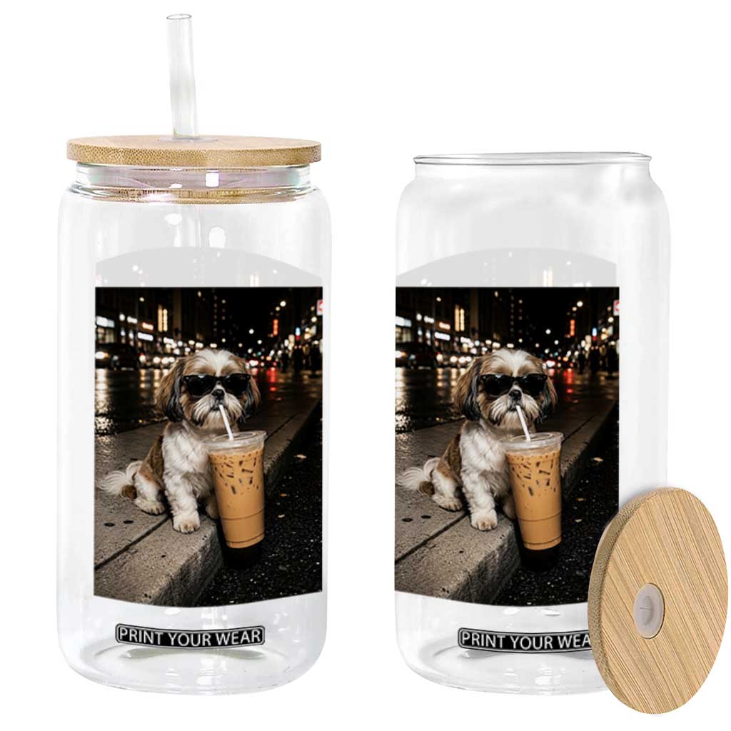 Funny Shih Tzu Drinking Iced Coffee Glass Can Vintage Dog Lover