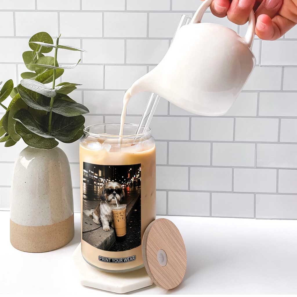 Funny Shih Tzu Drinking Iced Coffee Glass Can Vintage Dog Lover