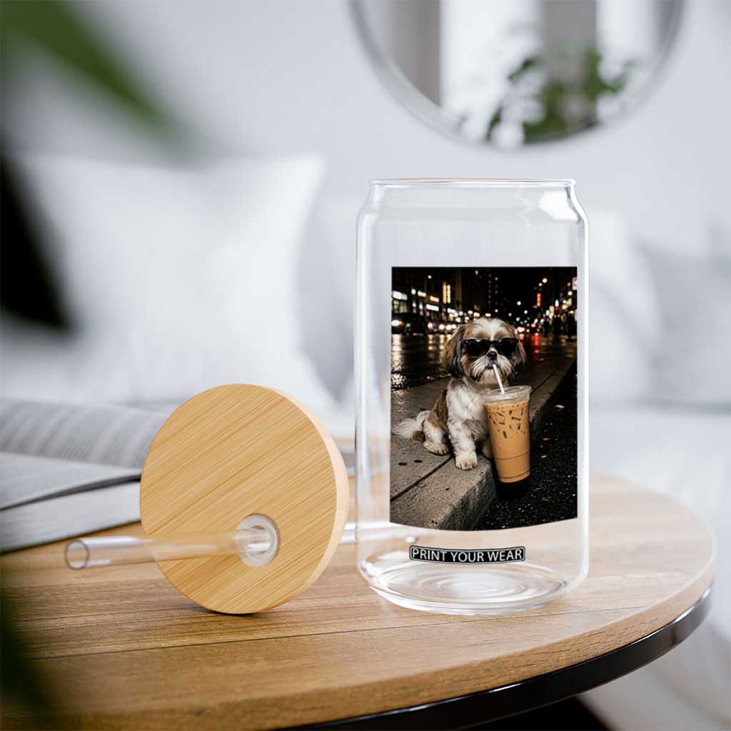 Funny Shih Tzu Drinking Iced Coffee Glass Can Vintage Dog Lover