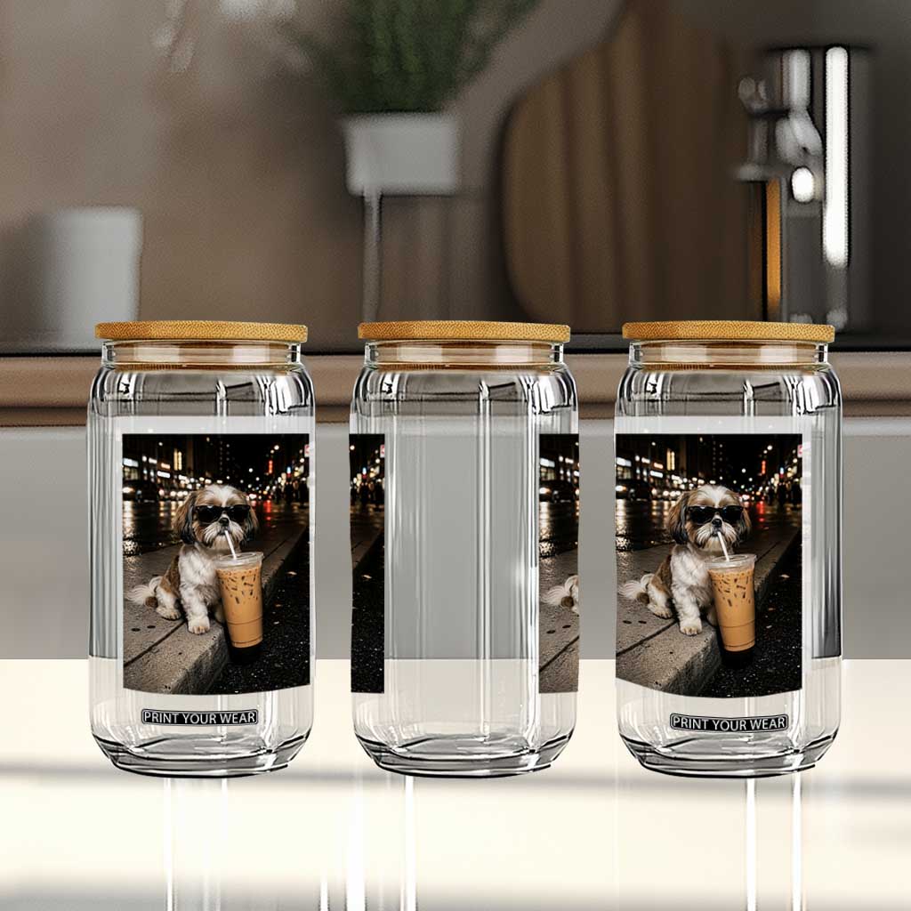 Funny Shih Tzu Drinking Iced Coffee Glass Can Vintage Dog Lover