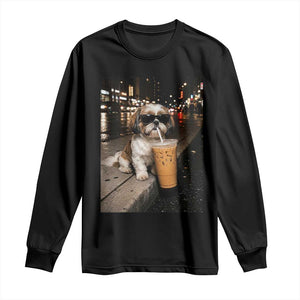 Funny Shih Tzu Drinking Iced Coffee Long Sleeve Shirt Vintage Dog Lover