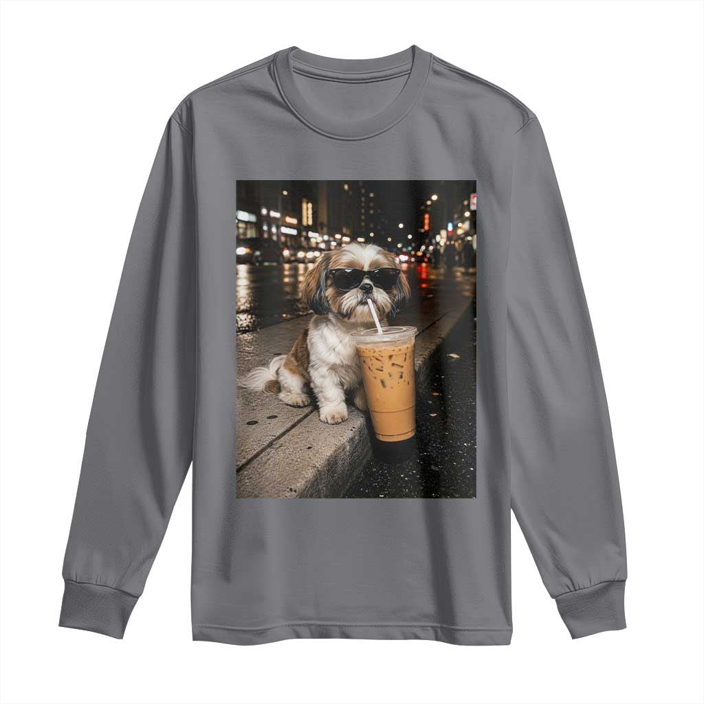 Funny Shih Tzu Drinking Iced Coffee Long Sleeve Shirt Vintage Dog Lover