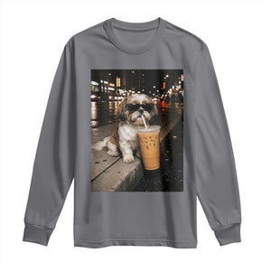 Funny Shih Tzu Drinking Iced Coffee Long Sleeve Shirt Vintage Dog Lover