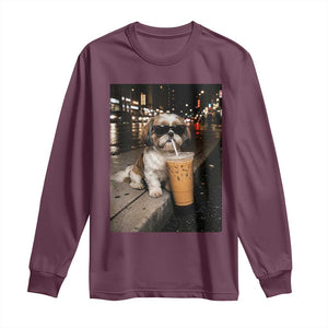 Funny Shih Tzu Drinking Iced Coffee Long Sleeve Shirt Vintage Dog Lover