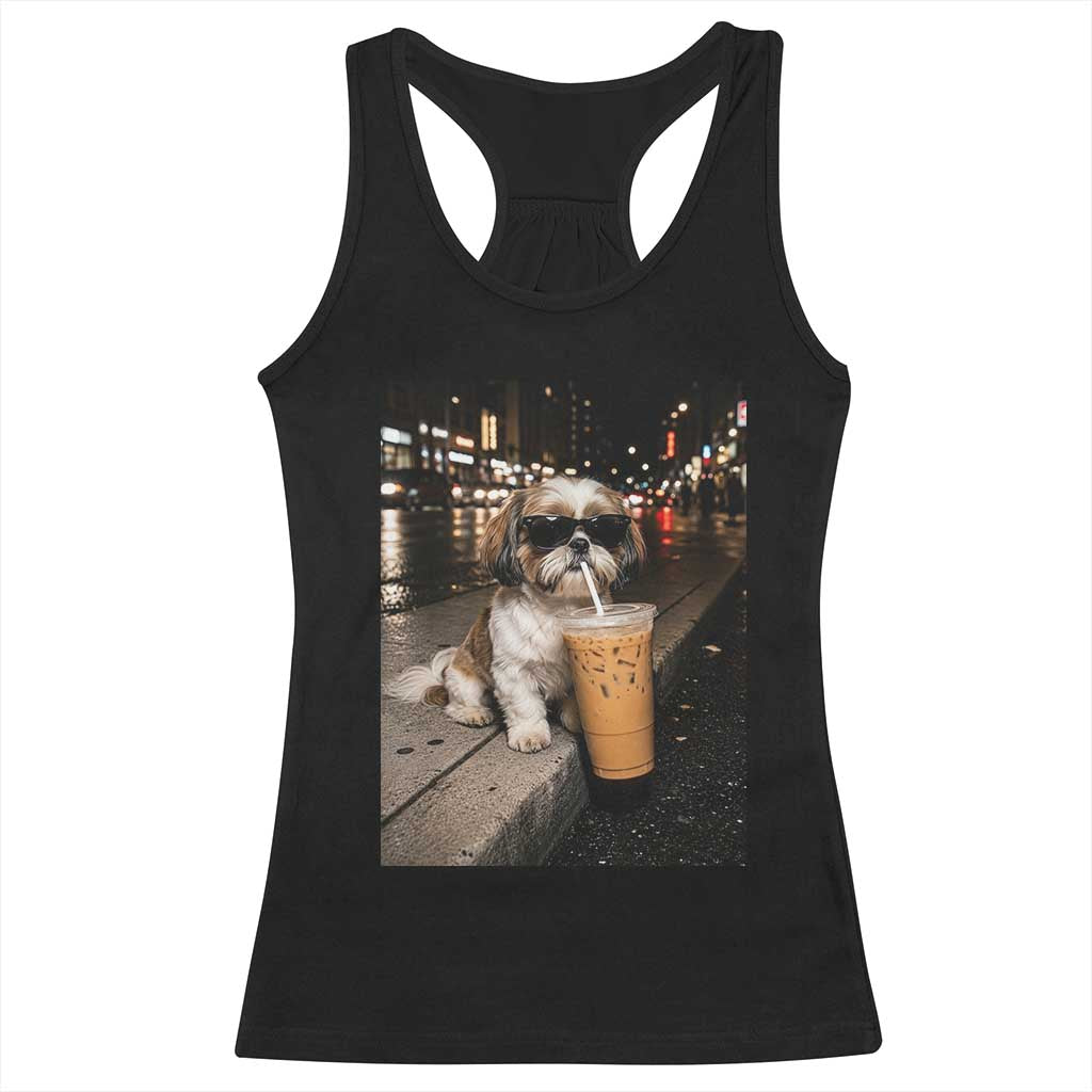 Funny Shih Tzu Drinking Iced Coffee Racerback Tank Top Vintage Dog Lover