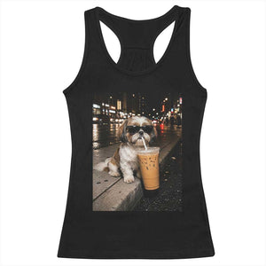 Funny Shih Tzu Drinking Iced Coffee Racerback Tank Top Vintage Dog Lover