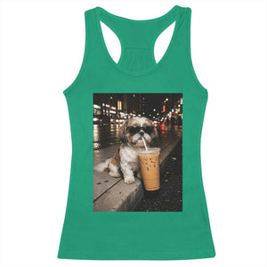 Funny Shih Tzu Drinking Iced Coffee Racerback Tank Top Vintage Dog Lover