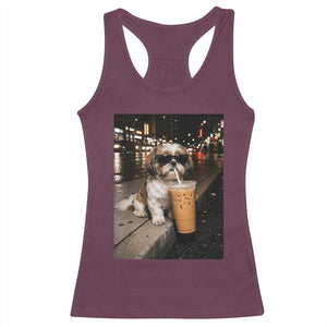 Funny Shih Tzu Drinking Iced Coffee Racerback Tank Top Vintage Dog Lover