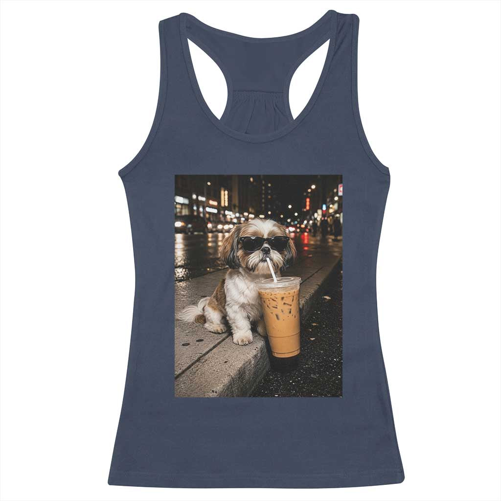 Funny Shih Tzu Drinking Iced Coffee Racerback Tank Top Vintage Dog Lover