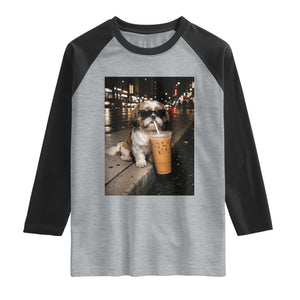 Funny Shih Tzu Drinking Iced Coffee Raglan Shirt Vintage Dog Lover