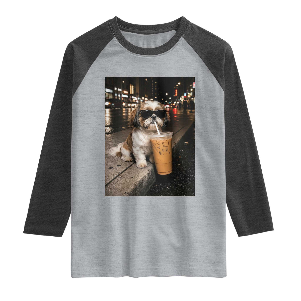 Funny Shih Tzu Drinking Iced Coffee Raglan Shirt Vintage Dog Lover