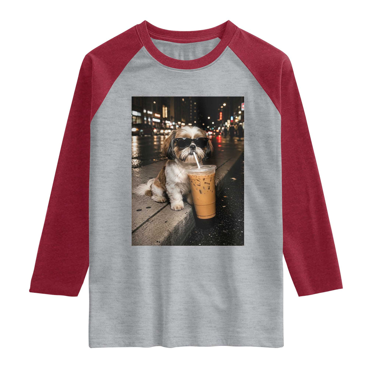 Funny Shih Tzu Drinking Iced Coffee Raglan Shirt Vintage Dog Lover