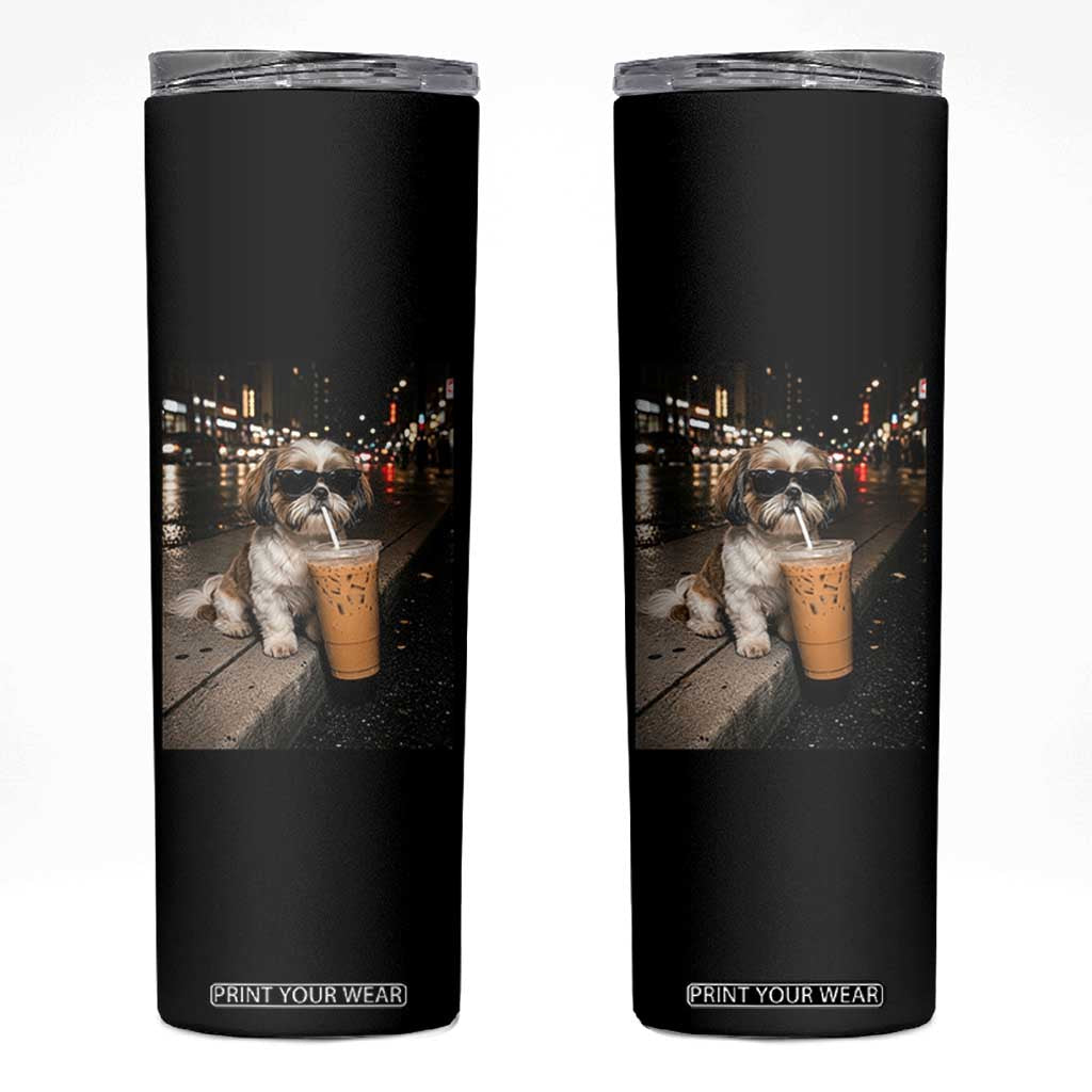 Funny Shih Tzu Drinking Iced Coffee Skinny Tumbler Vintage Dog Lover TS10 Black Print Your Wear