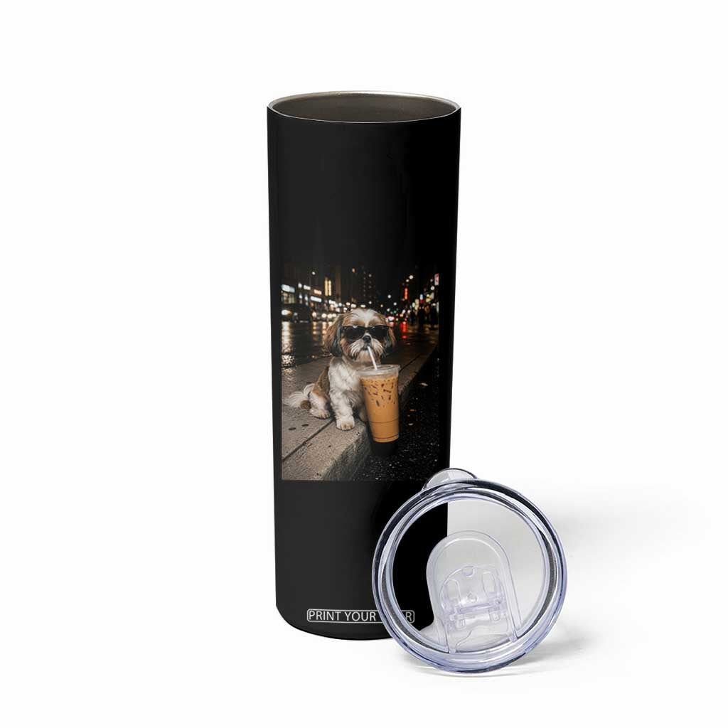 Funny Shih Tzu Drinking Iced Coffee Skinny Tumbler Vintage Dog Lover