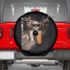 Funny Shih Tzu Drinking Iced Coffee Spare Tire Cover Vintage Dog Lover