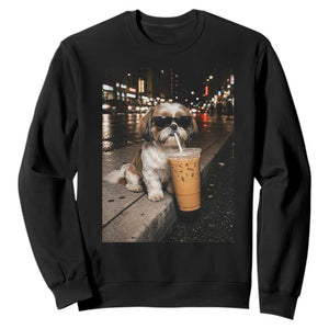 Funny Shih Tzu Drinking Iced Coffee Sweatshirt Vintage Dog Lover