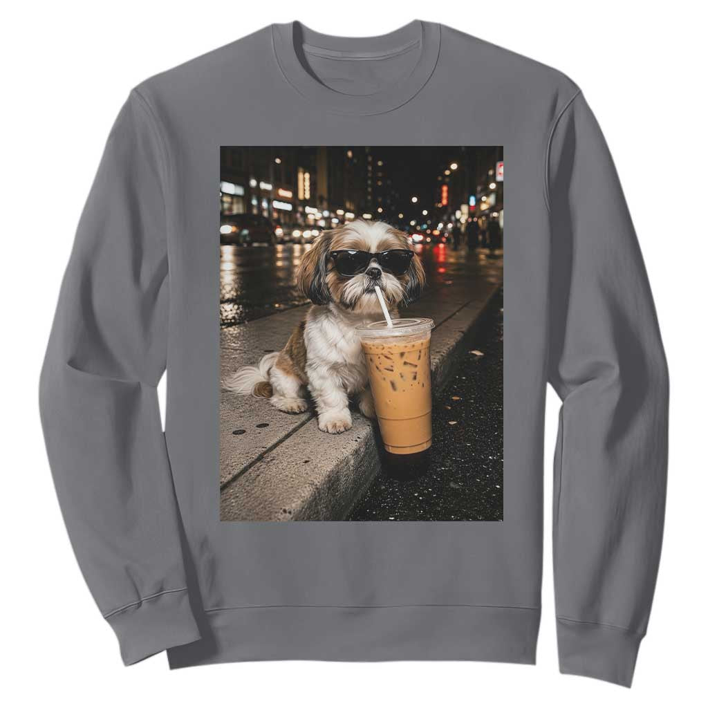 Funny Shih Tzu Drinking Iced Coffee Sweatshirt Vintage Dog Lover