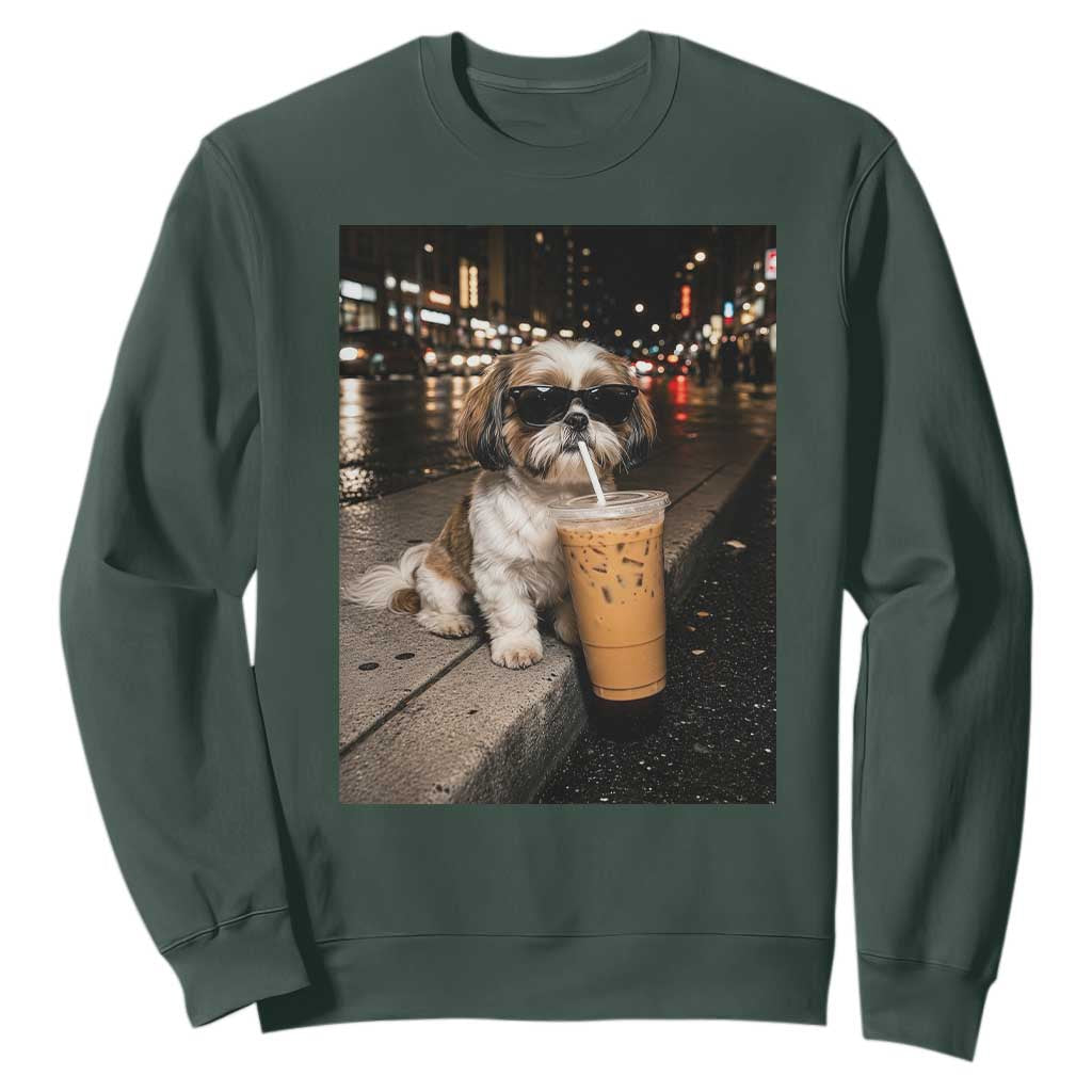 Funny Shih Tzu Drinking Iced Coffee Sweatshirt Vintage Dog Lover