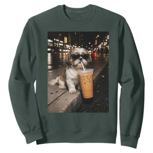 Funny Shih Tzu Drinking Iced Coffee Sweatshirt Vintage Dog Lover