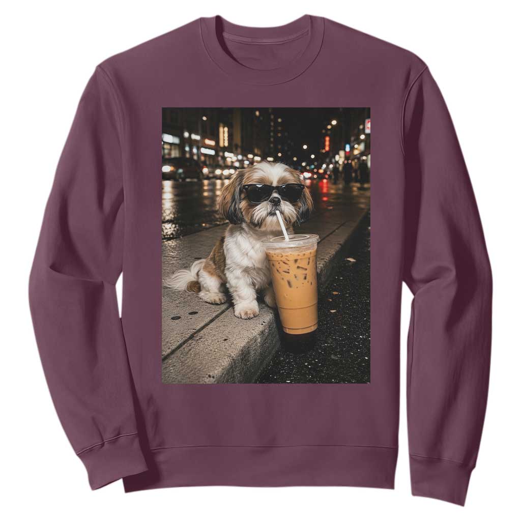 Funny Shih Tzu Drinking Iced Coffee Sweatshirt Vintage Dog Lover