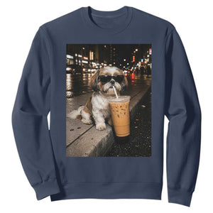 Funny Shih Tzu Drinking Iced Coffee Sweatshirt Vintage Dog Lover