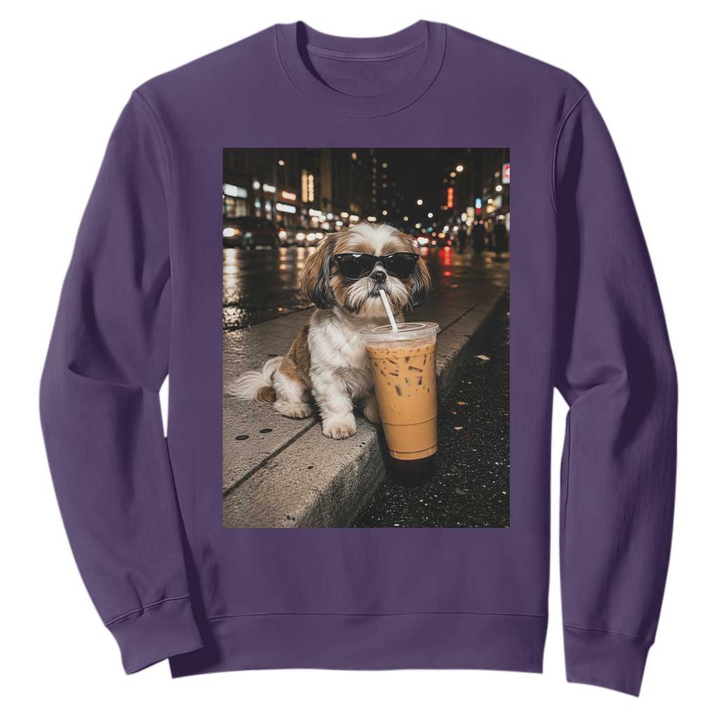Funny Shih Tzu Drinking Iced Coffee Sweatshirt Vintage Dog Lover